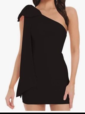 One-Shoulder Black Mini Dress with Draped Bow Detail